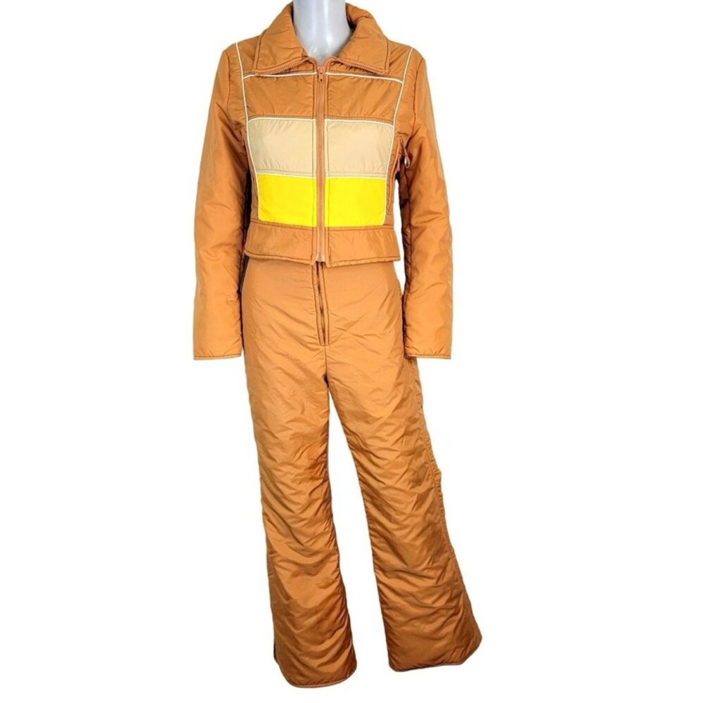 Subello Vintage 70s Ski Set Women 8 Orange Yellow Jacket Snow Bib Flare Pants M